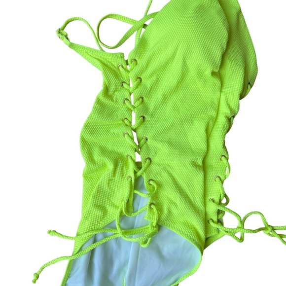 Neon Green One Piece Swimsuit L Lace Up Side Cutout Crisscross Back Bathing Suit - Picture 2 of 7